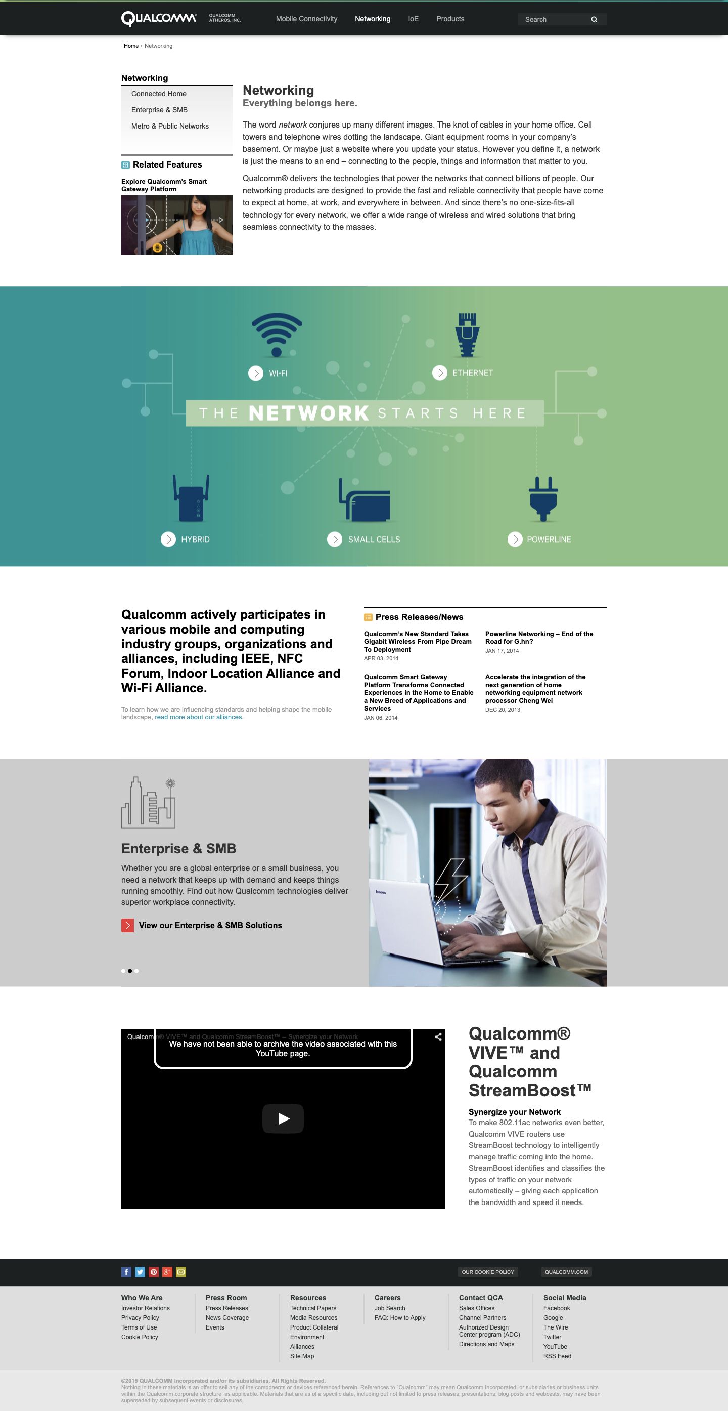Full-page archived Qualcomm Atheros networking landing page