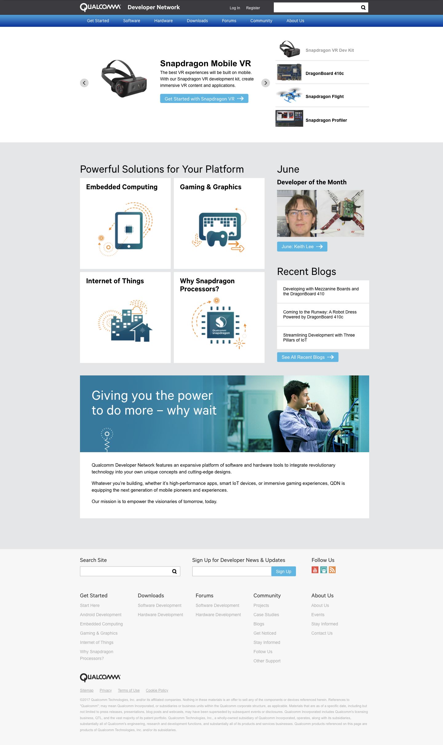 Full-page archived Qualcomm Developer Network homepage
