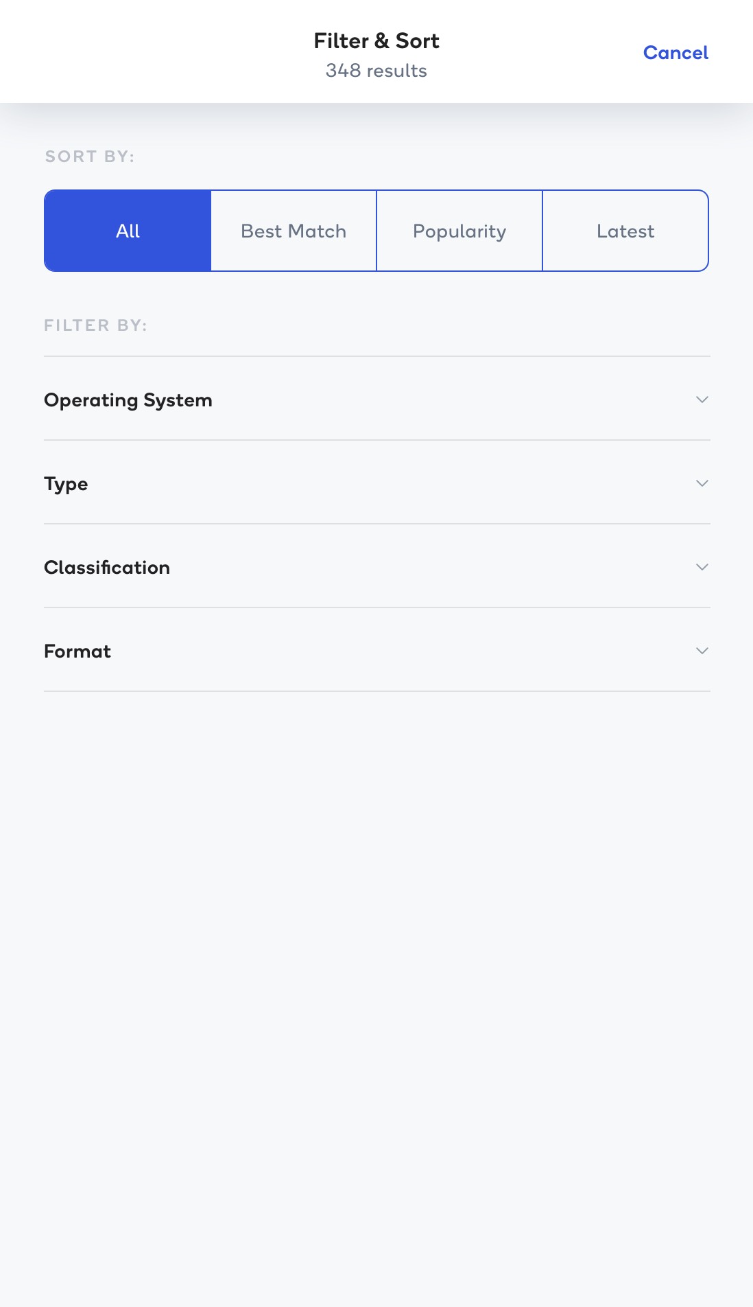 Final Filter and Sort panel with filters closed