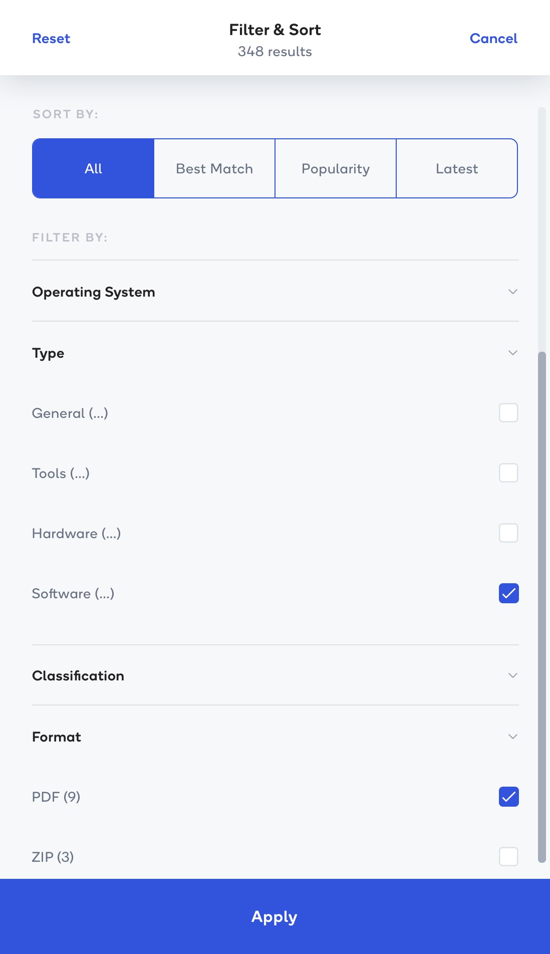 Final Filter and Sort panel with filters opened